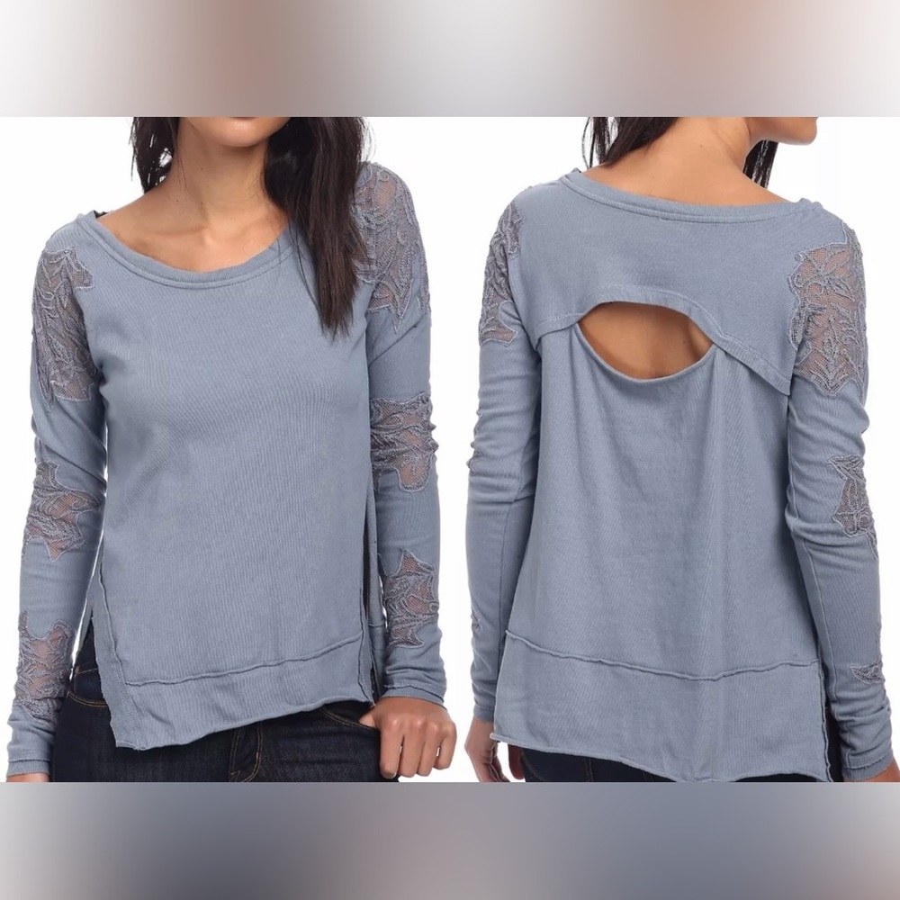 Free People Blue Gray Grandpa Jersey Outer Sunset Top Sz Small Lace Mesh Boho LS